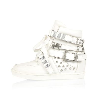 Girls white studded high top trainers